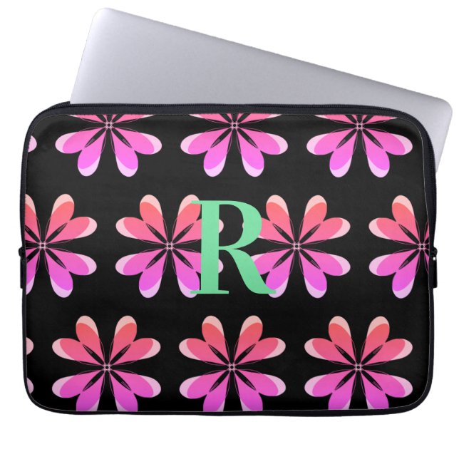 Housse Pour Ordinateur Portable Monogramme personnalisé noir rose rétro floral (Devant)