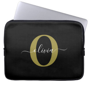 Housse Pour Ordinateur Portable Monogramme personnalisé Nom du script Black White 
