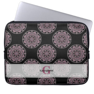 Housse Pour Ordinateur Portable Monogramme Pink Floral Fronds Polka Dot Mandala
