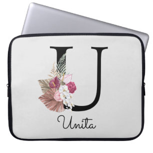 Housse Pour Ordinateur Portable Monogramme Rose Bohème Féminin Floral Initial U