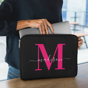Housse Pour Ordinateur Portable Monogramme rose chaud noir et gras Première fille
