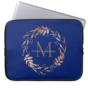 Housse Pour Ordinateur Portable Monogramme Rose or Eucalyptus couronne sur bleu ma
