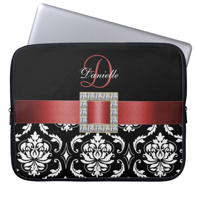 HOUSSE POUR ORDINATEUR PORTABLE MONOGRAMME ROUGE ET NOIR DE DAMASSÉ (Devant)
