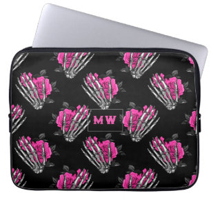 Housse Pour Ordinateur Portable Monogramme squelette de roses roses gothiques vint