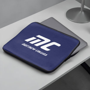 Housse Pour Ordinateur Portable Monogramme Texte Blanc Nom Minimaliste Bleu Foncé
