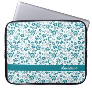 Housse Pour Ordinateur Portable Monogramme Turquoise Turquoise Fleurs tropicales