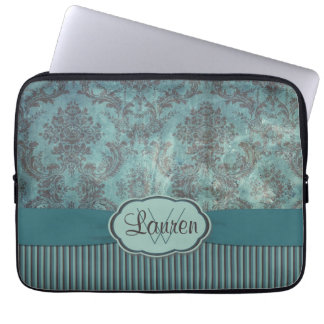 Housse Pour Ordinateur Portable Monogramme turquoise vintage de damassé