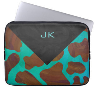 Housse Pour Ordinateur Portable Monogramme Vache Impression Brown et Turquoise