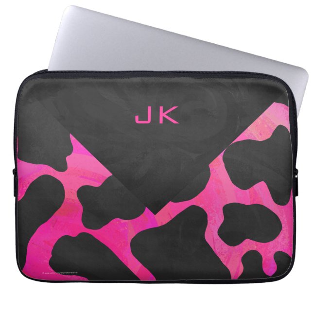 Housse Pour Ordinateur Portable Monogramme vache rose chaud et noir (Devant)