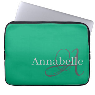 Housse Pour Ordinateur Portable Monogramme vert simple et élégant et nom