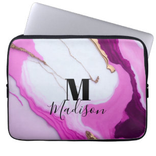 Housse Pour Ordinateur Portable Monographie en marbre blanc avec gouttes d'or rose