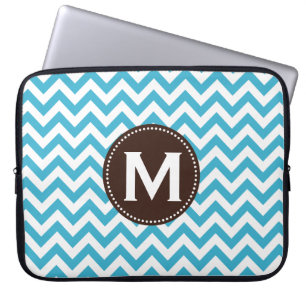 Housse Pour Ordinateur Portable Motif blanc bleu de Chevron de monogramme d'Aqua