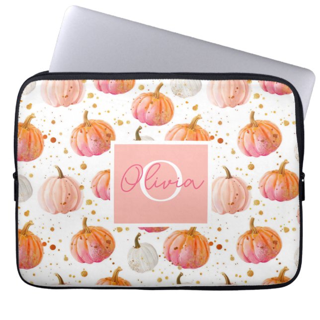 Housse Pour Ordinateur Portable Motif Citrouille aquarelle avec nom (Devant)