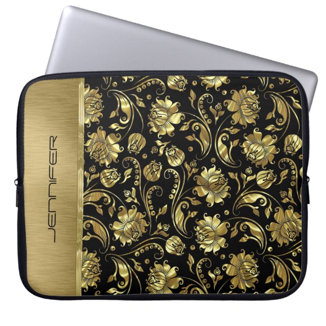 Housse Pour Ordinateur Portable Motif Damas noir & or monogramme (Devant)