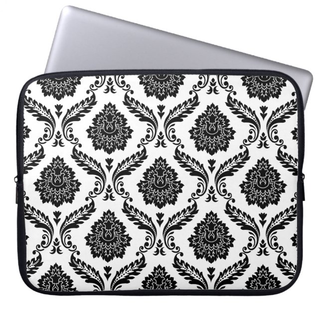 Housse Pour Ordinateur Portable Motif Damassé Rococo Noir sur Blanc (Devant)