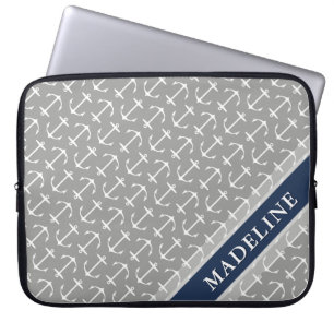 Housse Pour Ordinateur Portable Motif d'Ancres gris blanc Nom de la marine