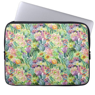 Housse Pour Ordinateur Portable Motif de cactus d'aquarelle en fleurs exotiques