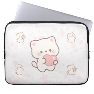 Housse Pour Ordinateur Portable Motif de chat blanc mignon – Cœurs et fleurs Kawai