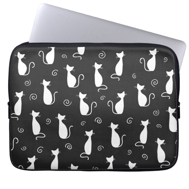 Housse Pour Ordinateur Portable Motif de chats blancs sur noir (Devant)