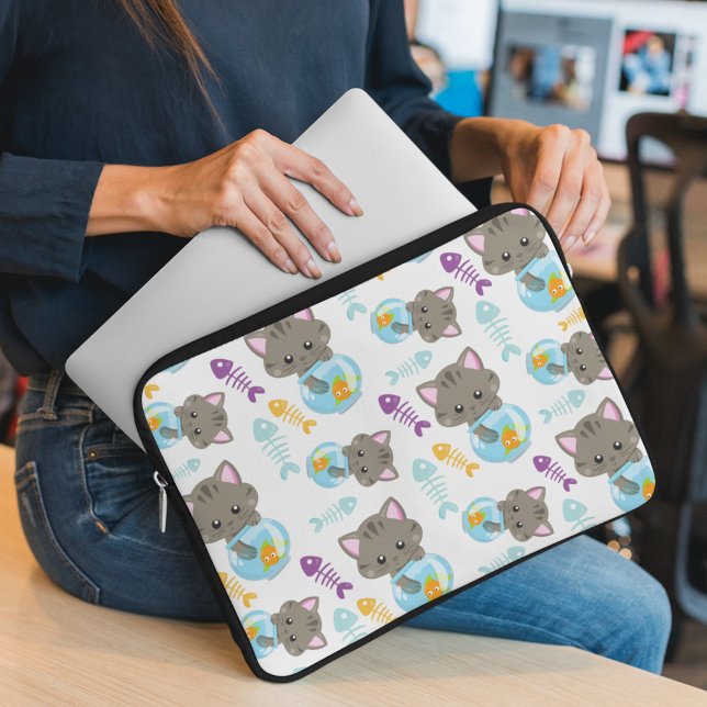 Housse Pour Ordinateur Portable Motif De Chats, Chats Mignons, Chatons, Poisson (Créateur téléchargé)