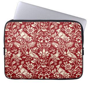 Housse Pour Ordinateur Portable Motif de faisan et lièvre, rouge profond et crème