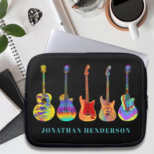 Housse Pour Ordinateur Portable Motif de guitare coloré sur fond noir avec nom