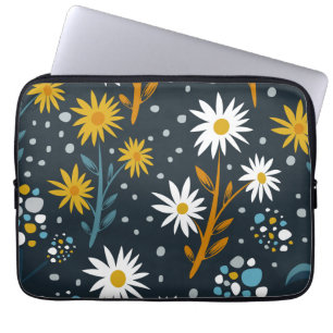 Housse Pour Ordinateur Portable Motif de marguerites modernes sur fond bleu foncé
