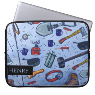 Housse Pour Ordinateur Portable Motif d'équipement de camping bleu aqueux délavé 