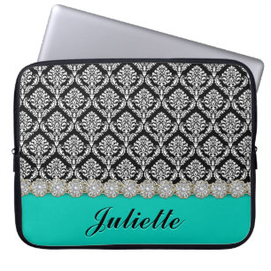 Housse Pour Ordinateur Portable Motif diamant Fleur Noir Blanc Damas