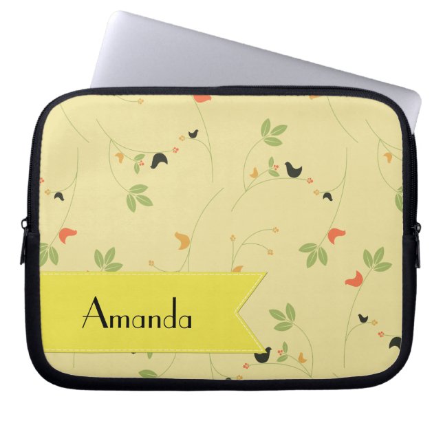 Housse Pour Ordinateur Portable Motif D'Oiseaux, Feuilles, Berries, Votre Nom (Devant)