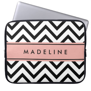 Housse Pour Ordinateur Portable Motif et nom Chevron moderne rose, noir et blanc