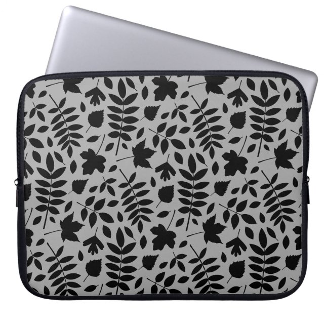 Housse Pour Ordinateur Portable Motif Feuille tombé noir sur gris (Devant)