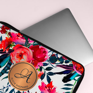 Housse Pour Ordinateur Portable Motif floral aquarelle Rouge Navy Monogramme en cu