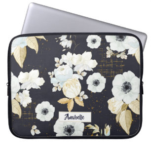 Housse Pour Ordinateur Portable Motif Floral Bleu et Blanc Ressort Monogramme