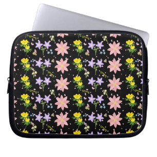 Housse Pour Ordinateur Portable Motif floral élégant de printemps sur noir - Houss