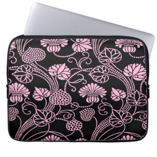 Housse Pour Ordinateur Portable Motif floral rétro rose sur fond noir