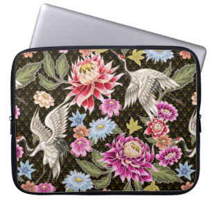 Housse Pour Ordinateur Portable Motif japonais avec fleurs et grues blanches