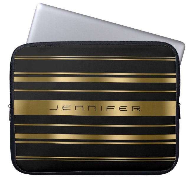 Housse Pour Ordinateur Portable Motif Monogramme Gold & Black Stripes (Devant)