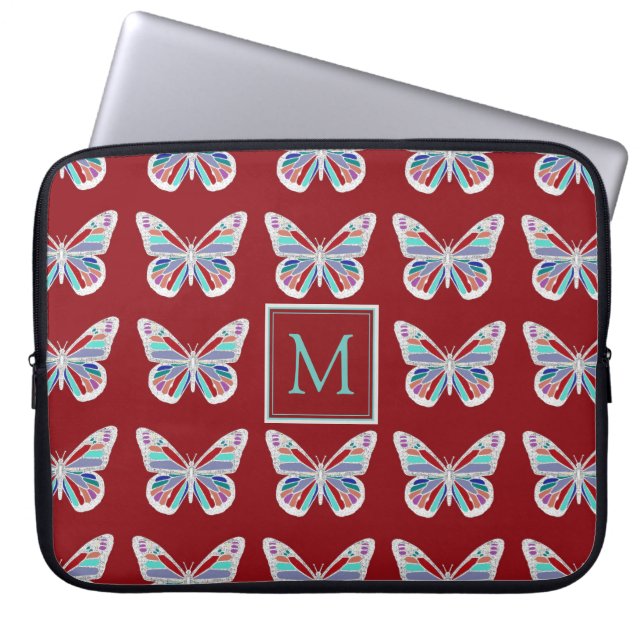 Housse Pour Ordinateur Portable Motif papillon sur monogramme bordeaux (Devant)
