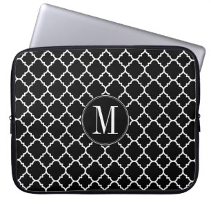 Housse Pour Ordinateur Portable Motif Quatrefoil noir et blanc Monogramme personna