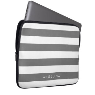 Housse Pour Ordinateur Portable Motif rayé blanc gris fusain Nom personnalisé