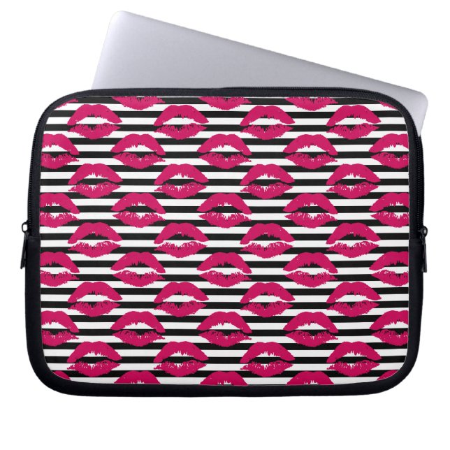 Housse Pour Ordinateur Portable Motif rayé du baiser B&W de rouge à lèvres (Devant)