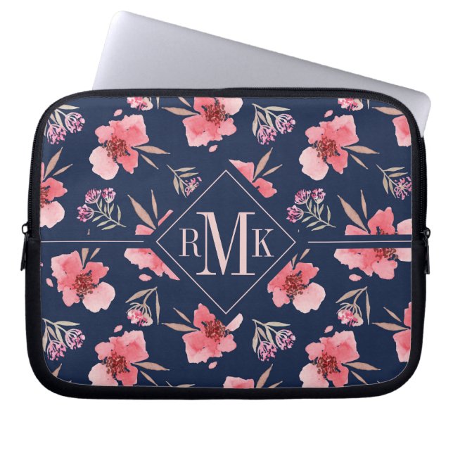 Housse Pour Ordinateur Portable Motif rose foncé d'aquarelle du monogramme | (Devant)