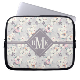 Housse Pour Ordinateur Portable Motif rose mou d'aquarelle du monogramme  