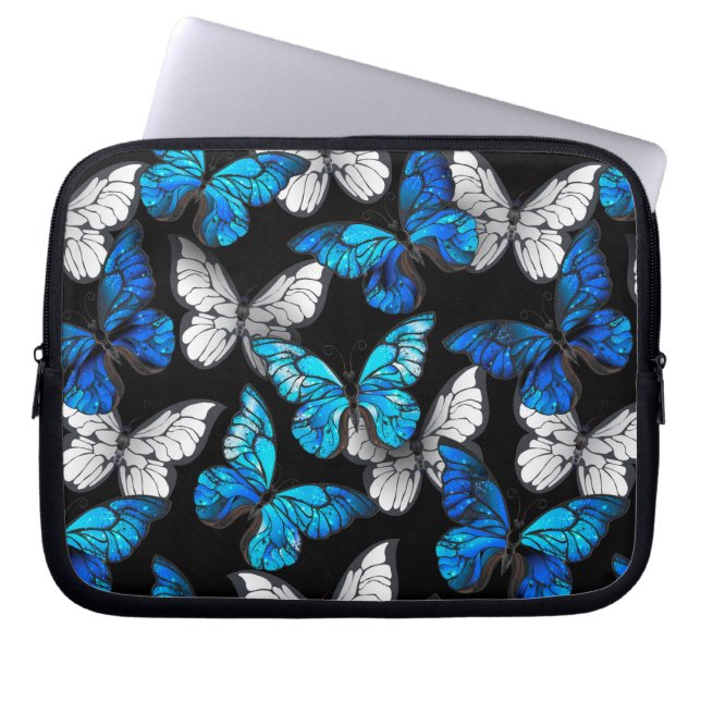 Housse Pour Ordinateur Portable Motif sans couleur foncée avec papillons bleus Mor (Devant)
