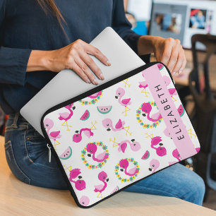 Housse Pour Ordinateur Portable Motif tropical, Flamants roses, Fleurs, Votre Nom