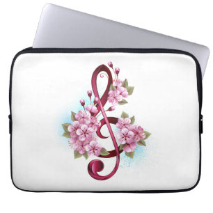 Housse Pour Ordinateur Portable Musical treble clef notes with sakura flowers