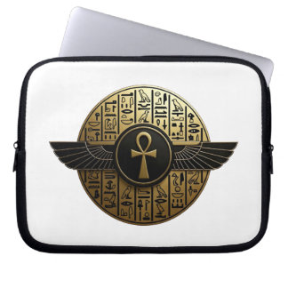Housse Pour Ordinateur Portable NeoAnkh 3D Ankh aux ailes dorées et hiéroglyphes