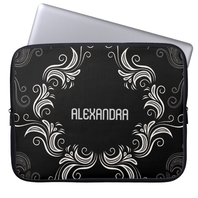 Housse Pour Ordinateur Portable Noir A & Blanc Baroque Éperviers Monogramme (Devant)