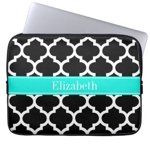 Housse Pour Ordinateur Portable Noir Blanc Marocain #5 Brt Nom Aqua Monogramme